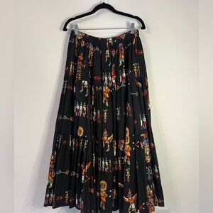 Vintage Native American kachina doll print tiered skirt small